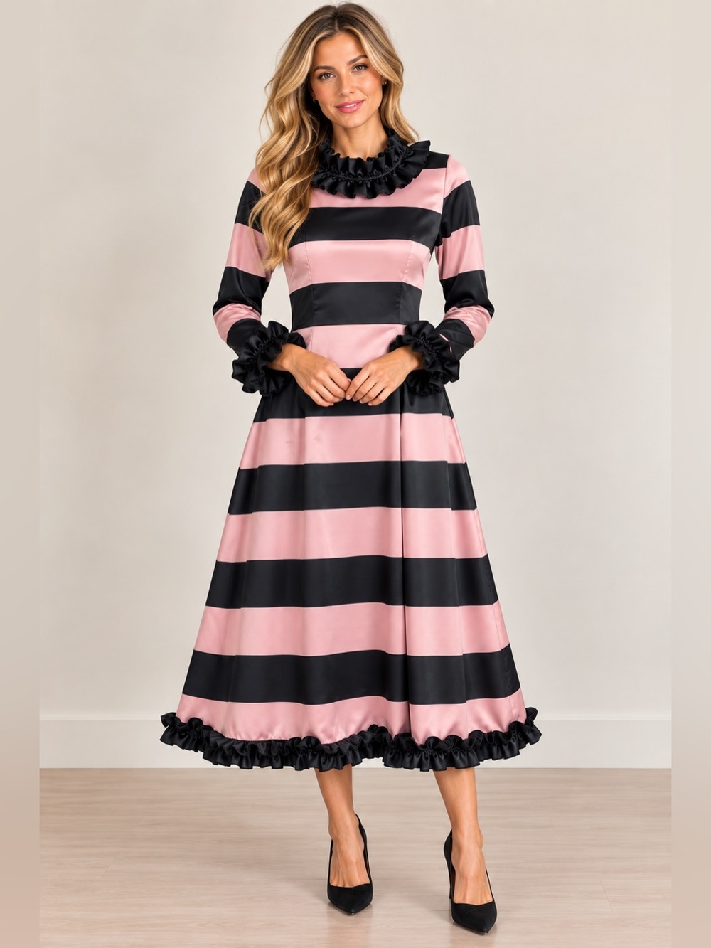 Dainty Jewells Pink and Black Striped Ruffle Midi Dress
